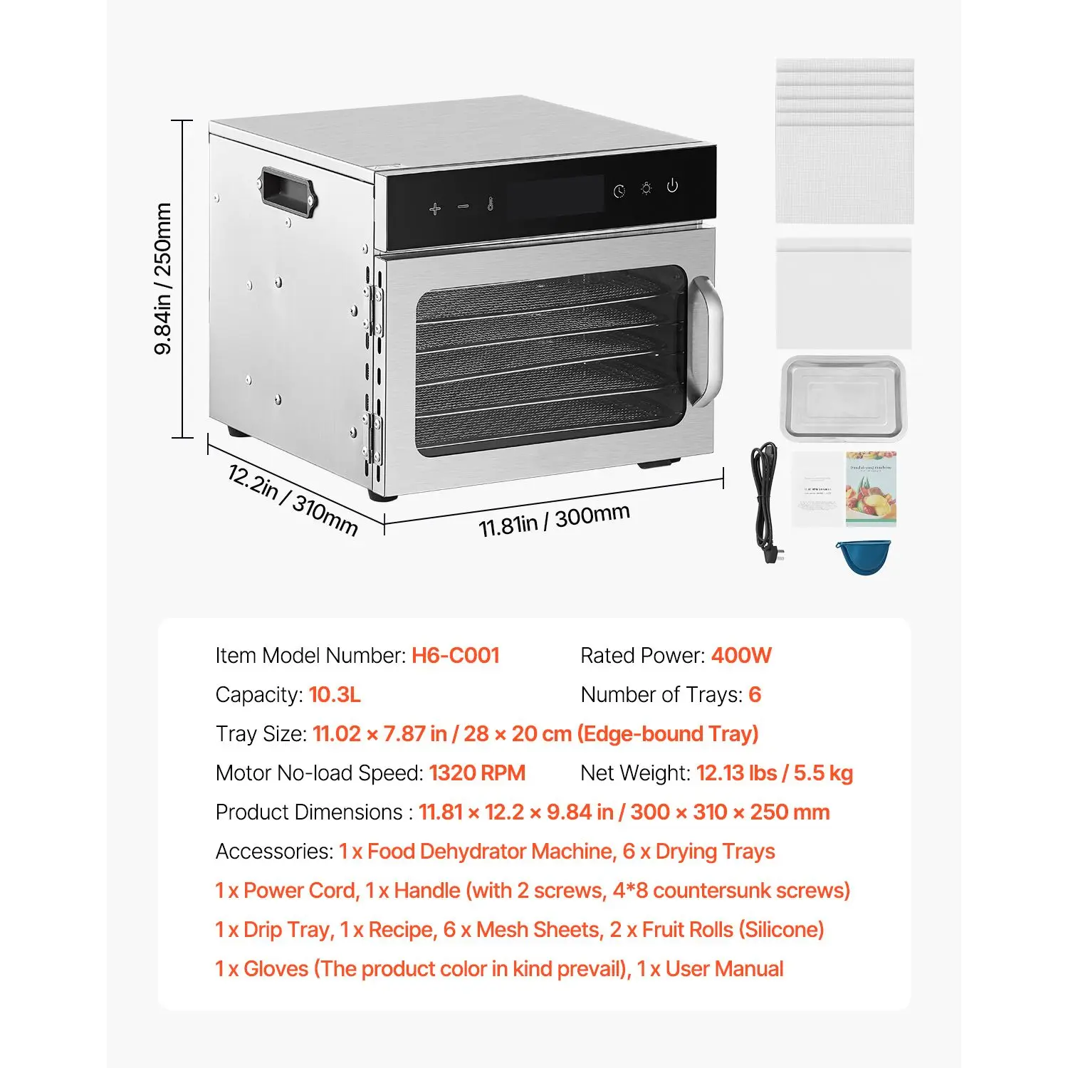 Voedseldroger, 6 roestvrijstal - Dehydrator Tray Electric recensie en prijs